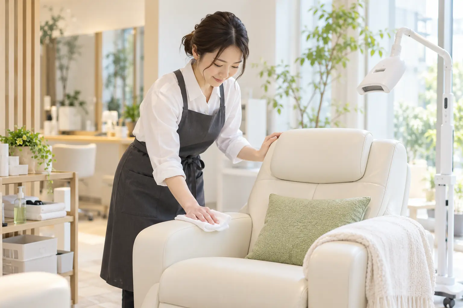 明るいサロンでスタッフがホワイトニング用チェアを清掃するイメージ