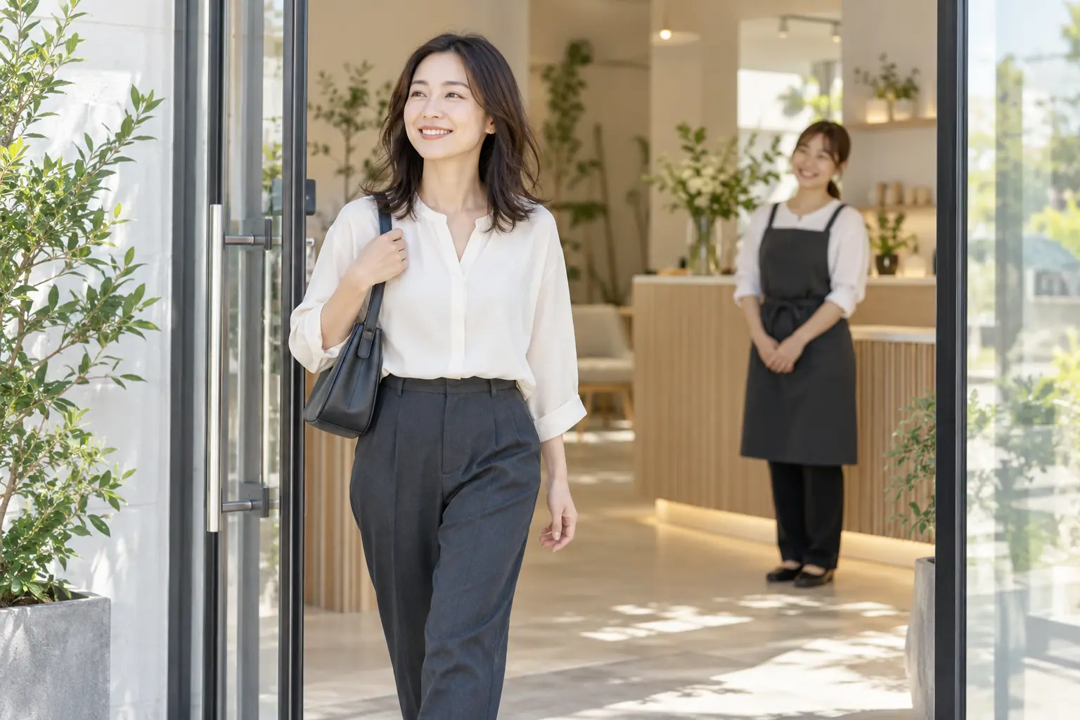 スタッフに見送られ、サロンから次の予定へ向かうイメージ