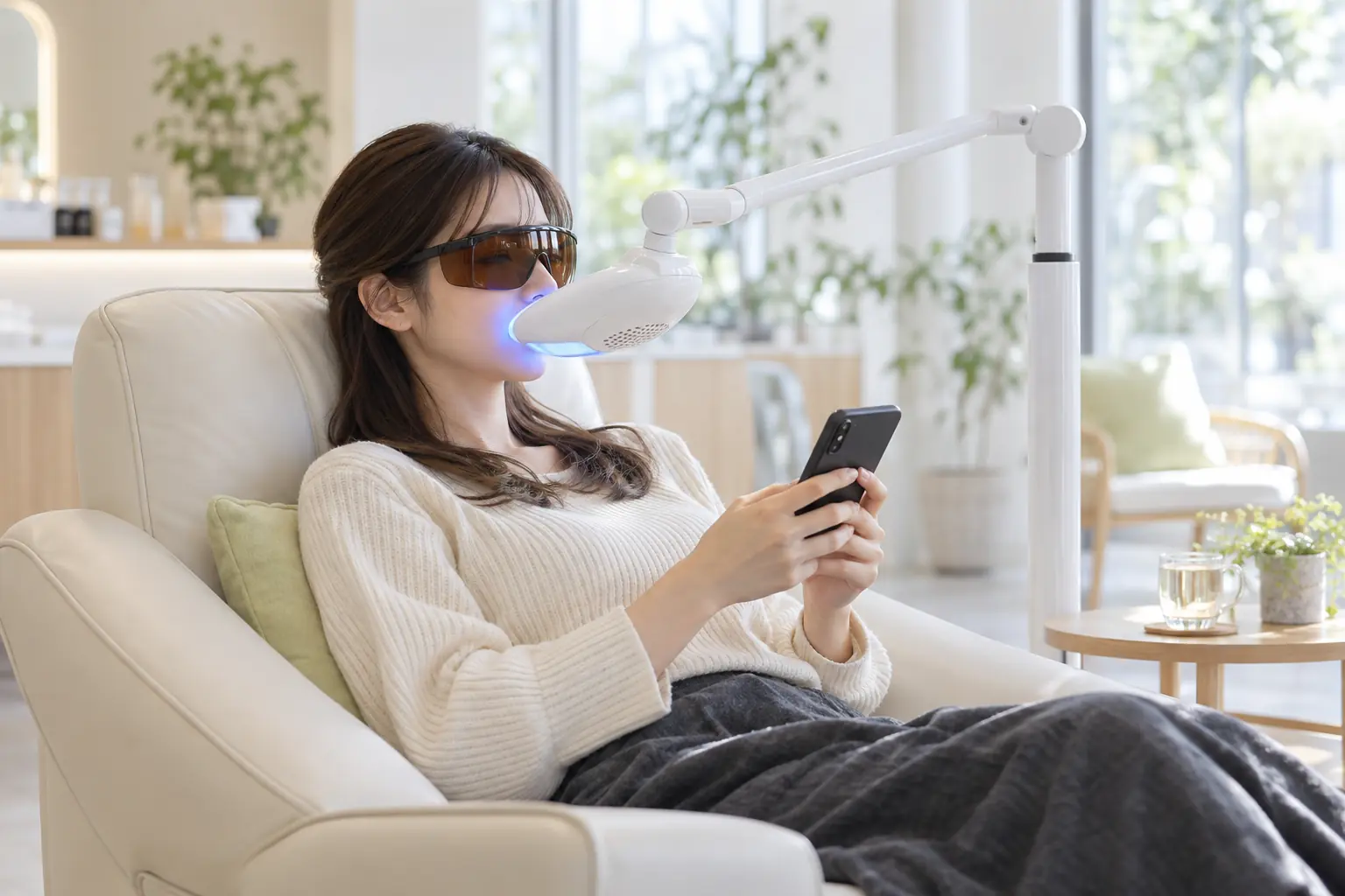保護メガネをかけ、スマートフォンを見ながらセルフホワイトニングを利用するイメージ